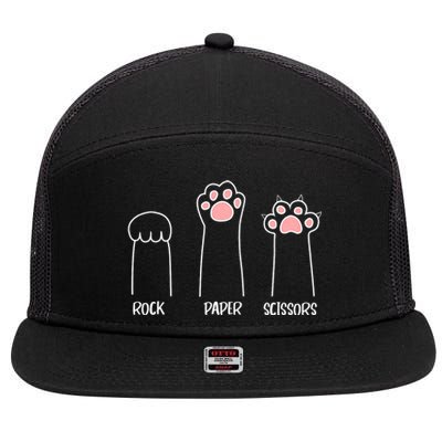 Rock Paper Scissors Hand Game Cute Paw Funny Cat 7 Panel Mesh Trucker Snapback Hat