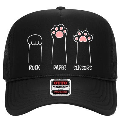 Rock Paper Scissors Hand Game Cute Paw Funny Cat High Crown Mesh Back Trucker Hat