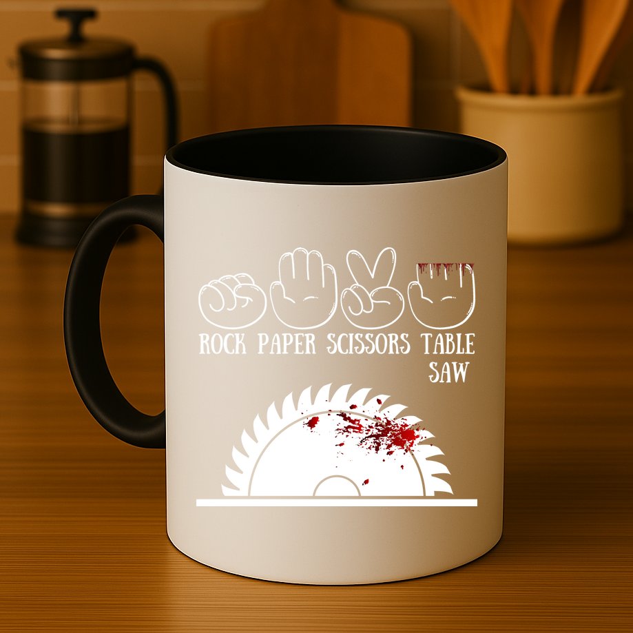 Rock Paper Scissors Table Saw Mug