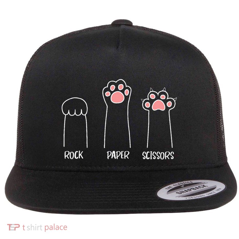 Rock Paper Scissors Hand Game Cute Paw Funny Cat Flatbill Hat