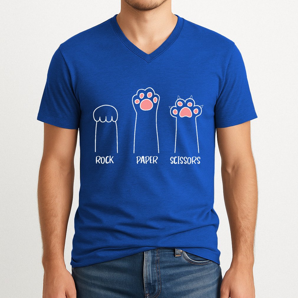 Rock Paper Scissors Hand Game Cute Paw Funny Cat V-Neck T-Shirt