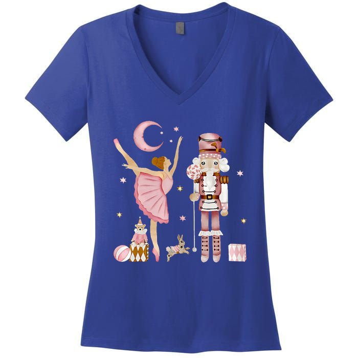 Retro Pink Sugar Plum Fairy Nutcracker Christmas Cute Xmas Women's V-Neck T-Shirt