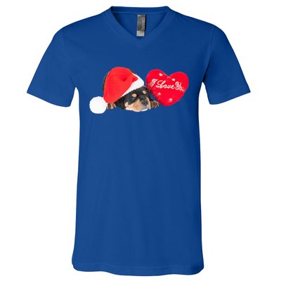 Rottweiler Puppy Santa Image Christmas Red Heart I Love You Gift V-Neck T-Shirt