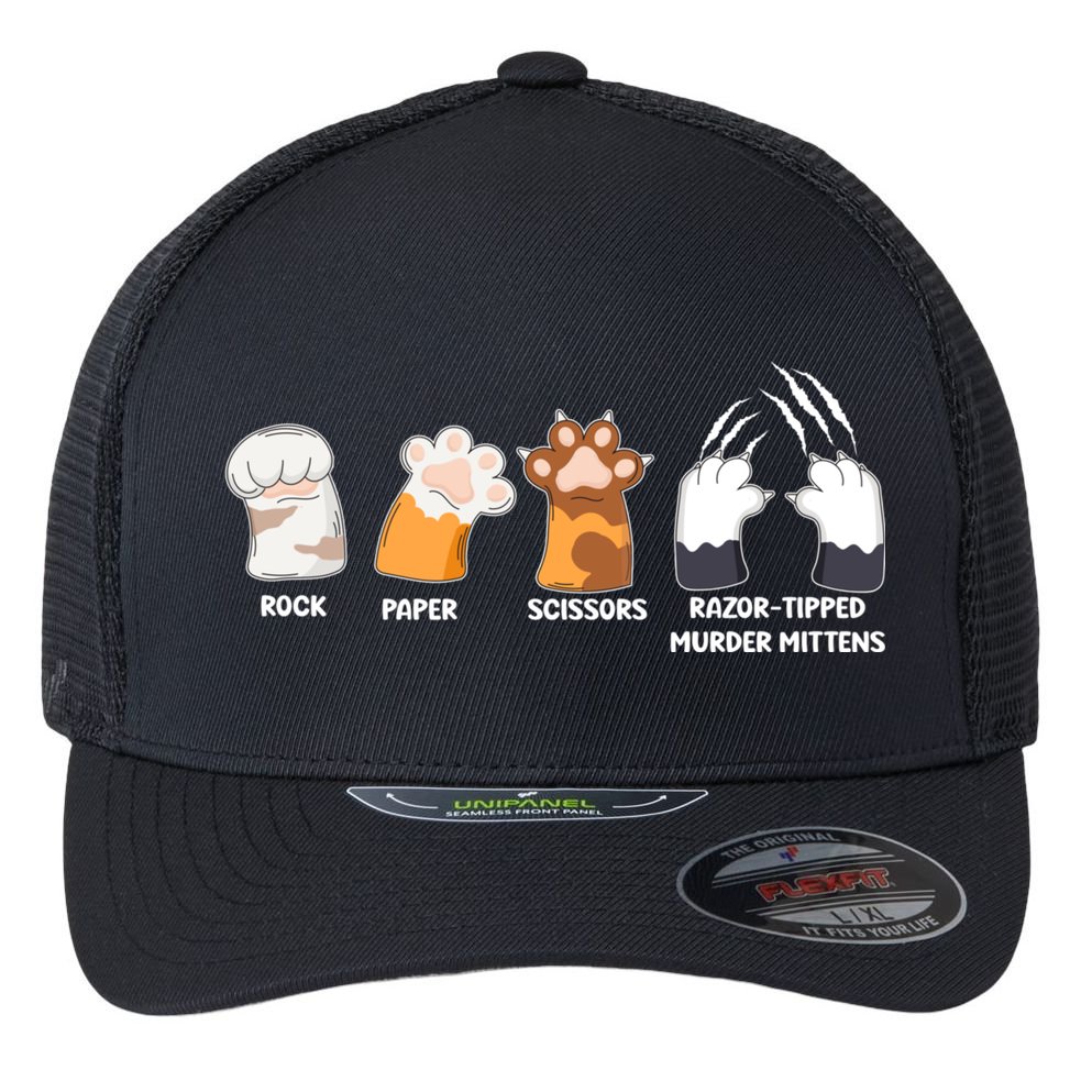Rock Paper Scissors Razor Tipped Murder Mittens Fun Cat Paws Flexfit Unipanel Trucker Cap