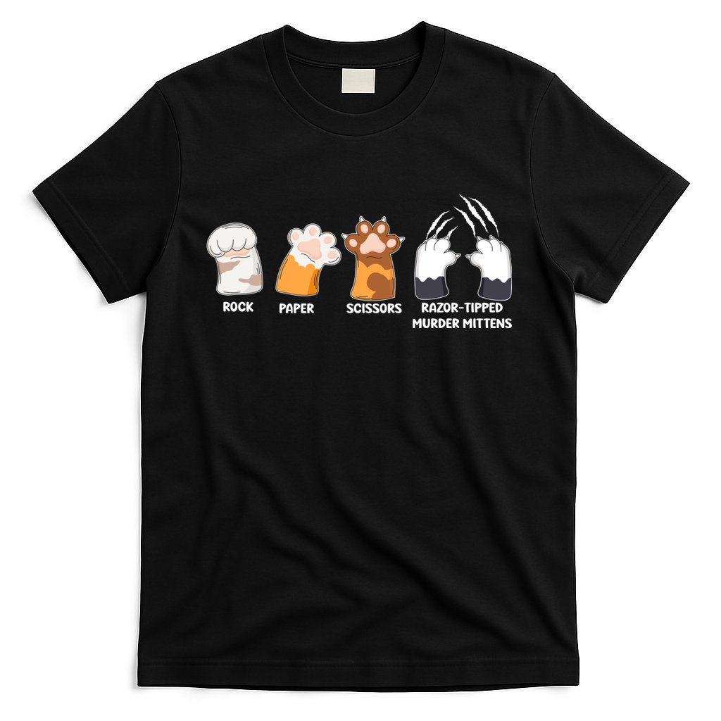 Rock Paper Scissors Razor Tipped Murder Mittens Fun Cat Paws T-Shirt