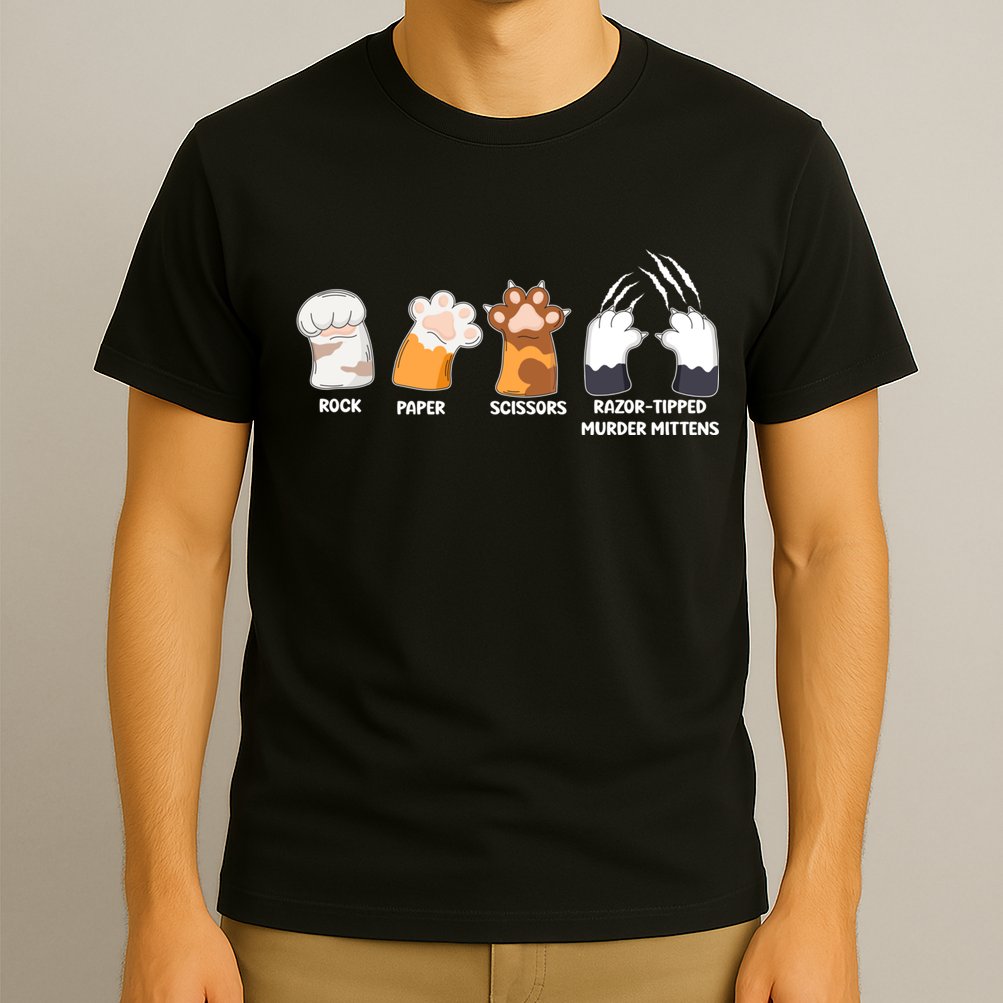 Rock Paper Scissors Razor Tipped Murder Mittens Fun Cat Paws T-Shirt