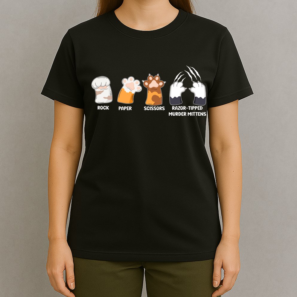 Rock Paper Scissors Razor Tipped Murder Mittens Fun Cat Paws T-Shirt