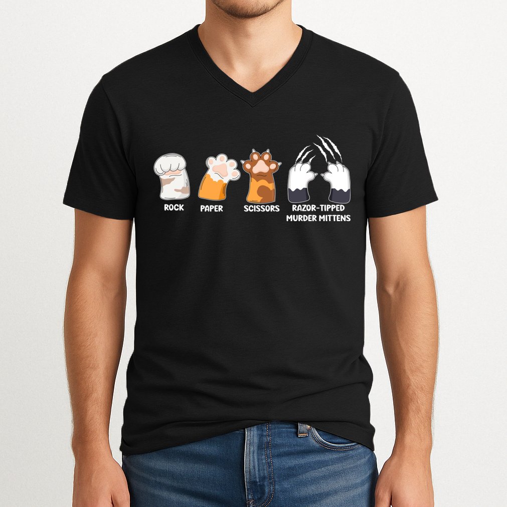 Rock Paper Scissors Razor Tipped Murder Mittens Fun Cat Paws V-Neck T-Shirt