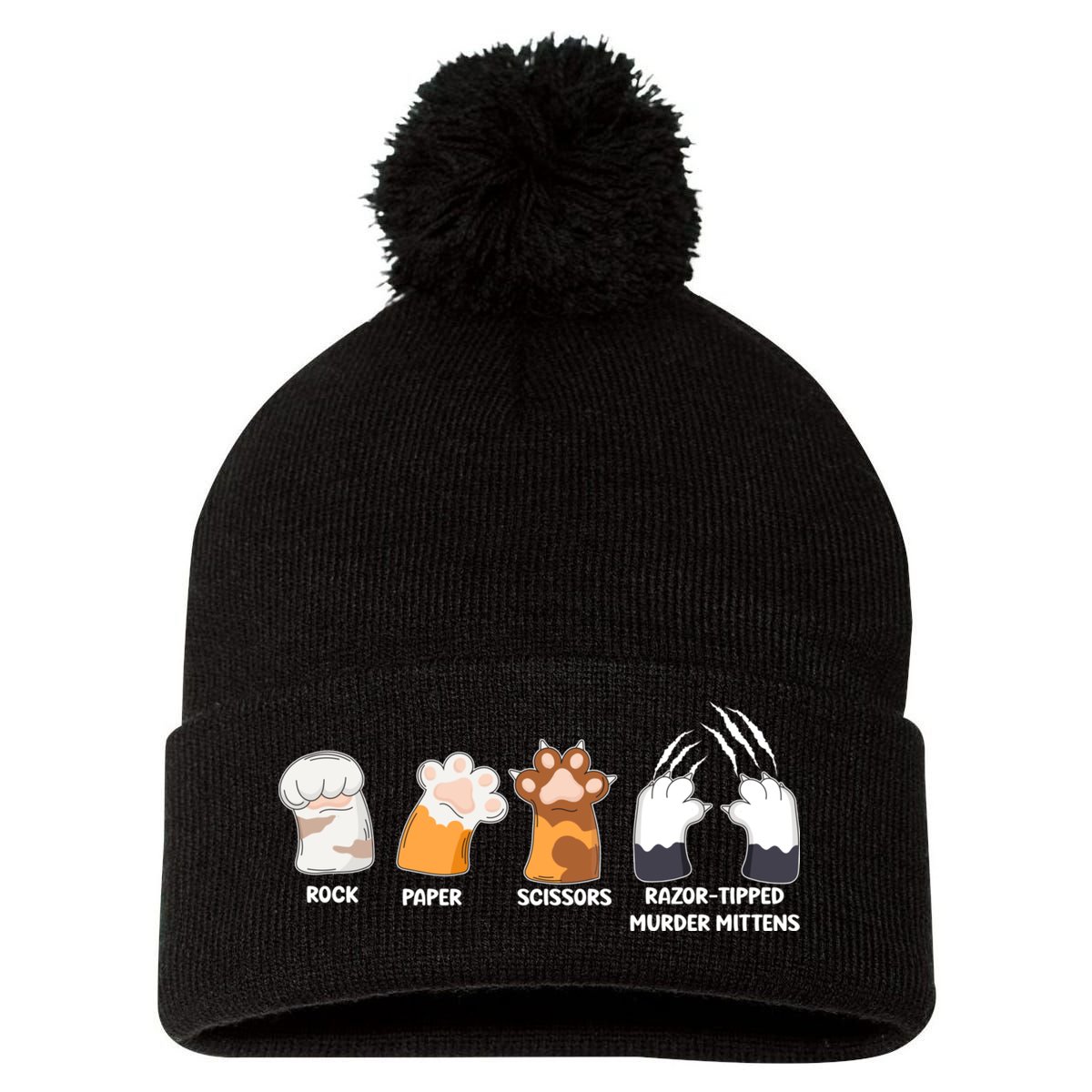 Rock Paper Scissors Razor Tipped Murder Mittens Fun Cat Paws Pom Pom 12in Knit Beanie