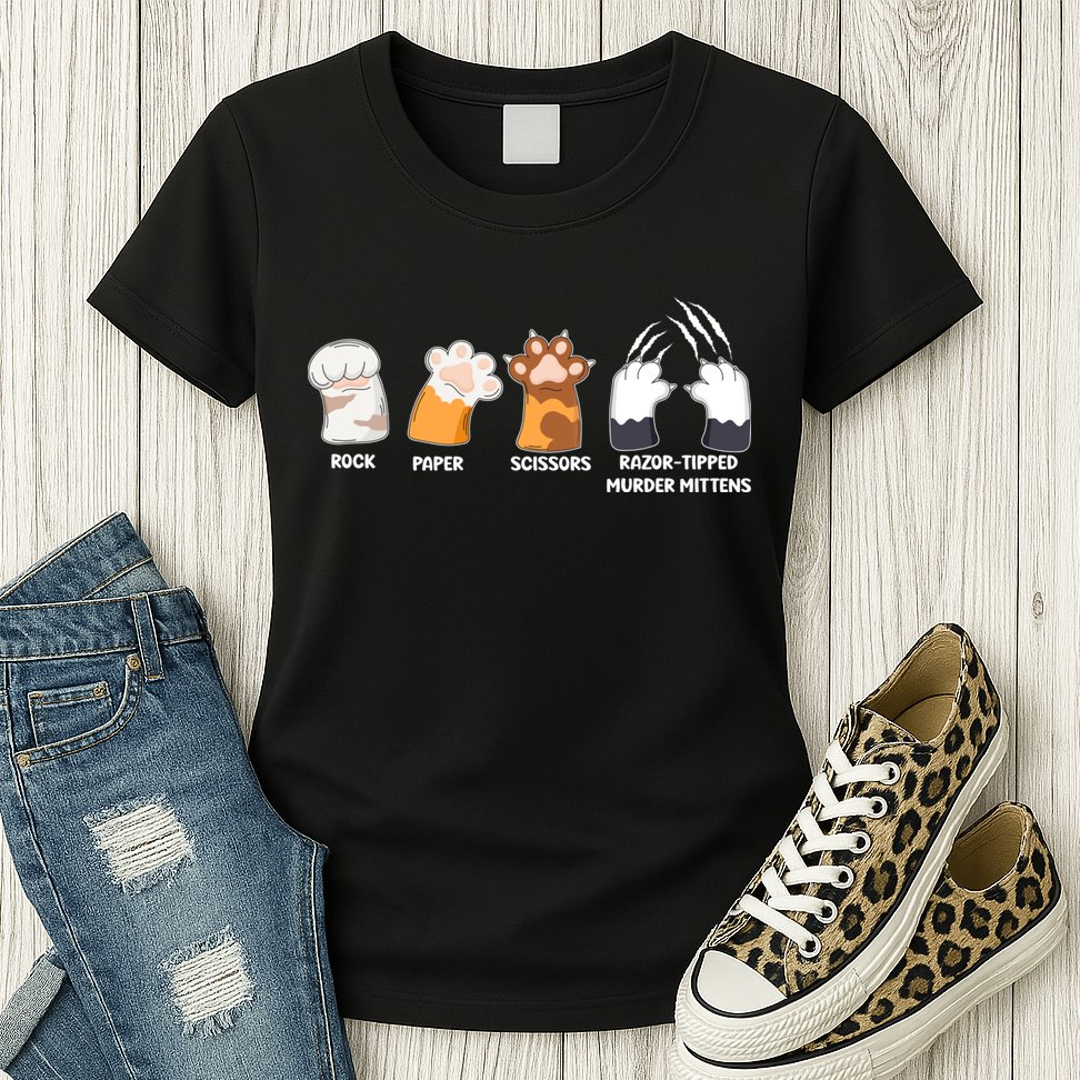 Rock Paper Scissors Razor Tipped Murder Mittens Fun Cat Paws Womens T-Shirt