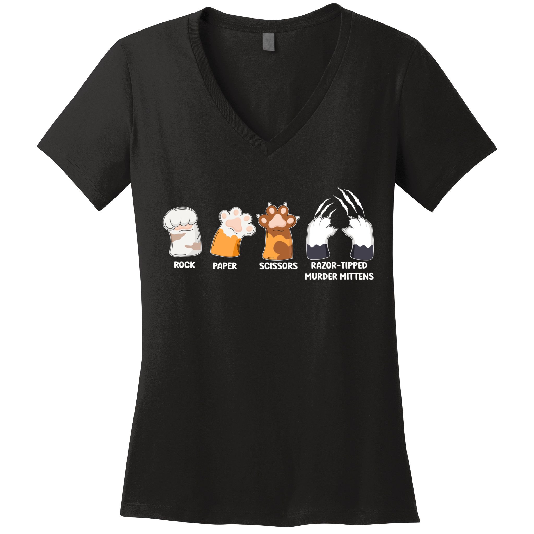 Rock Paper Scissors Razor Tipped Murder Mittens Fun Cat Paws Women's V-Neck T-Shirt