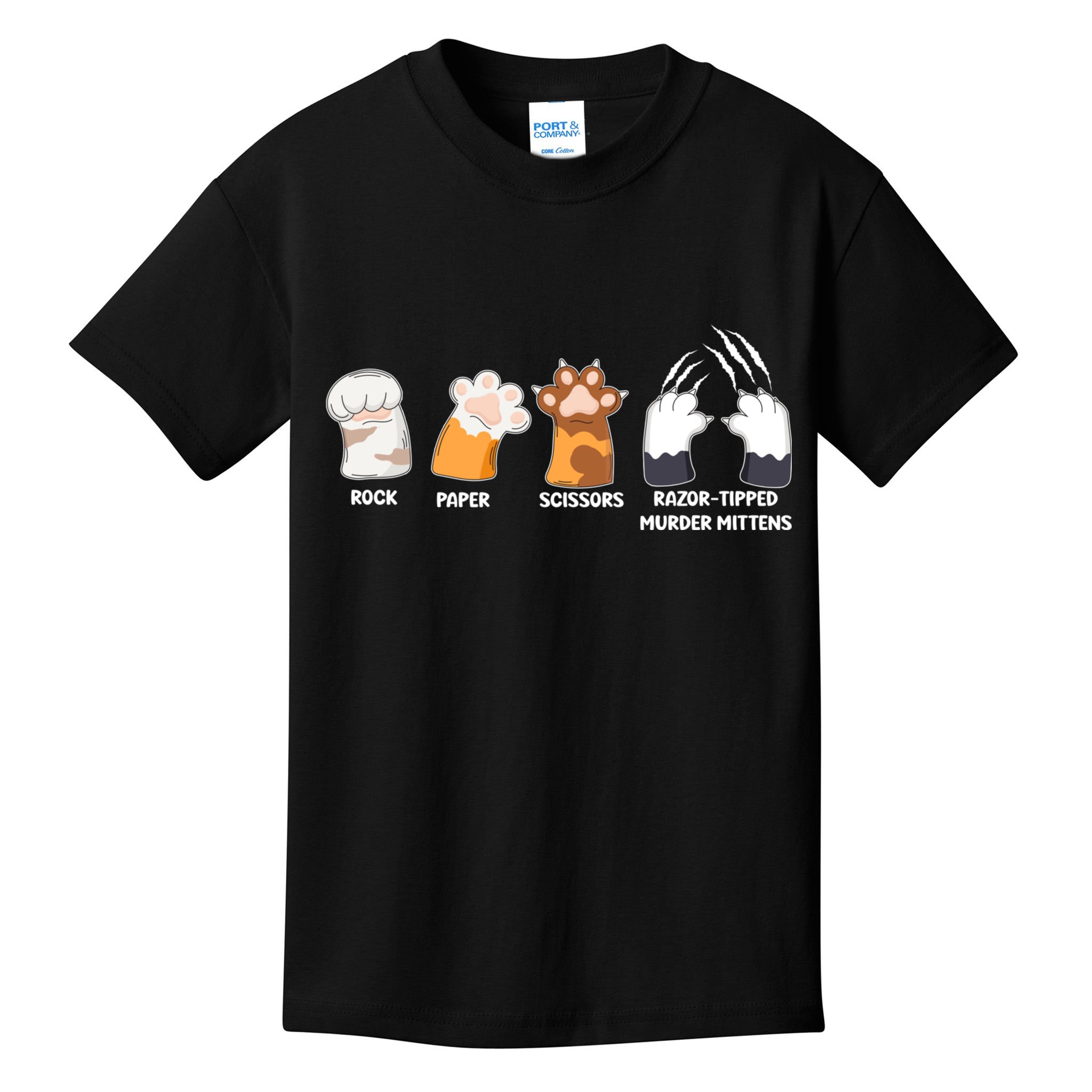 Rock Paper Scissors Razor Tipped Murder Mittens Fun Cat Paws Kids T-Shirt