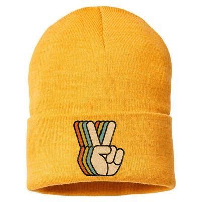 Retro Peace Sign V Fingers Vintage 60s 70s 80s Cool Graphic Sustainable Knit Beanie