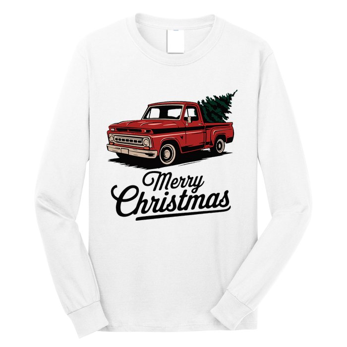 Red Pickup Truck Christmas Tree Vintage Christmas Long Sleeve Shirt