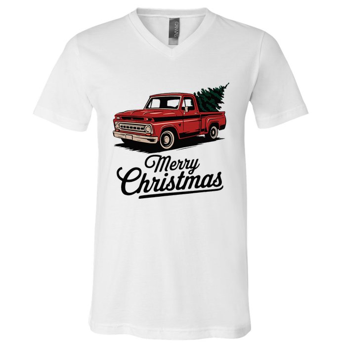 Red Pickup Truck Christmas Tree Vintage Christmas V-Neck T-Shirt