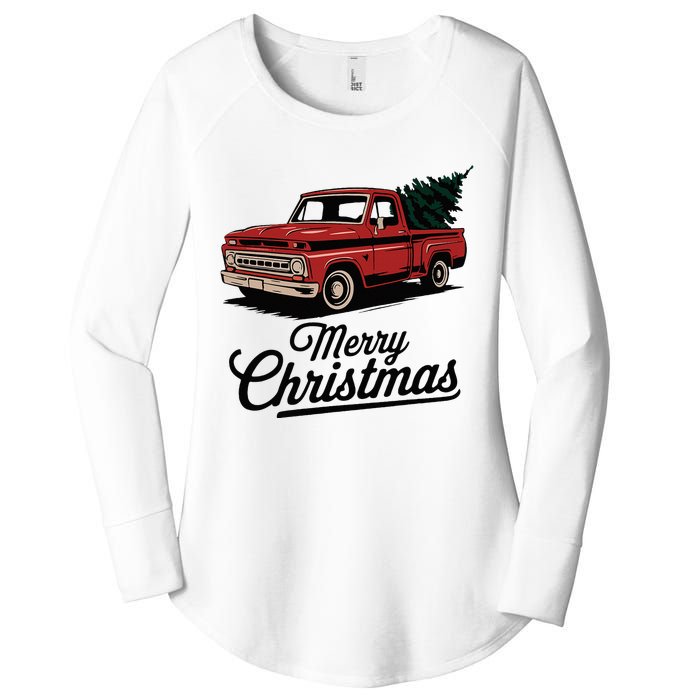 Red Pickup Truck Christmas Tree Vintage Christmas Women's Perfect Tri Tunic Long Sleeve Shirt