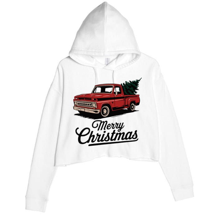 Red Pickup Truck Christmas Tree Vintage Christmas Crop Fleece Hoodie