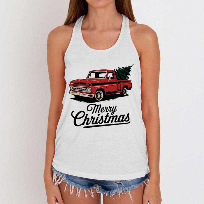 Red Pickup Truck Christmas Tree Vintage Christmas Women's Knotted Racerback Tank