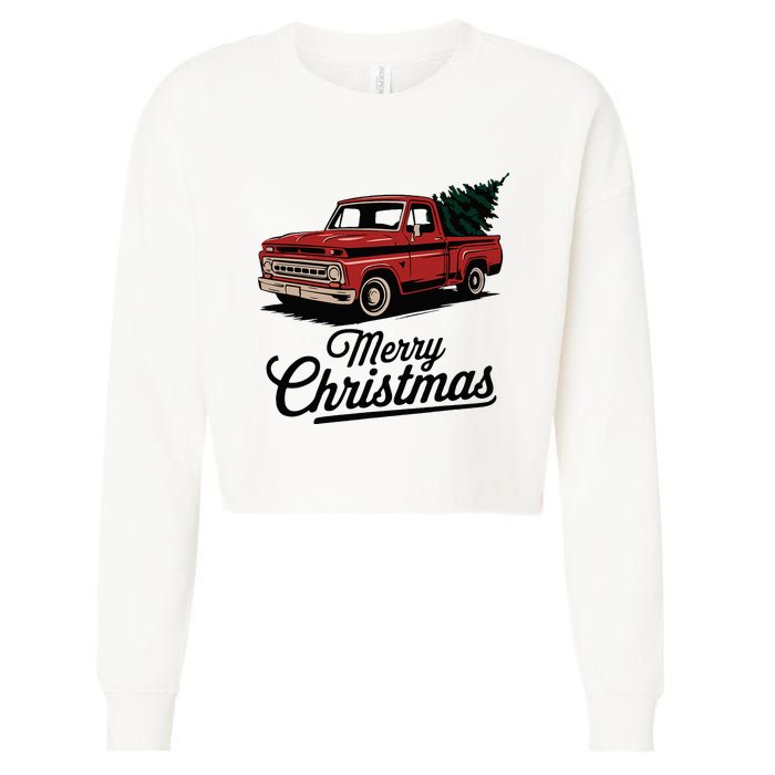 Red Pickup Truck Christmas Tree Vintage Christmas Cropped Pullover Crew