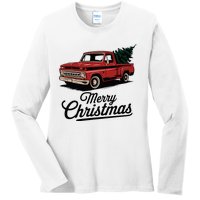 Red Pickup Truck Christmas Tree Vintage Christmas Ladies Long Sleeve Shirt