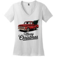 Red Pickup Truck Christmas Tree Vintage Christmas Women's V-Neck T-Shirt