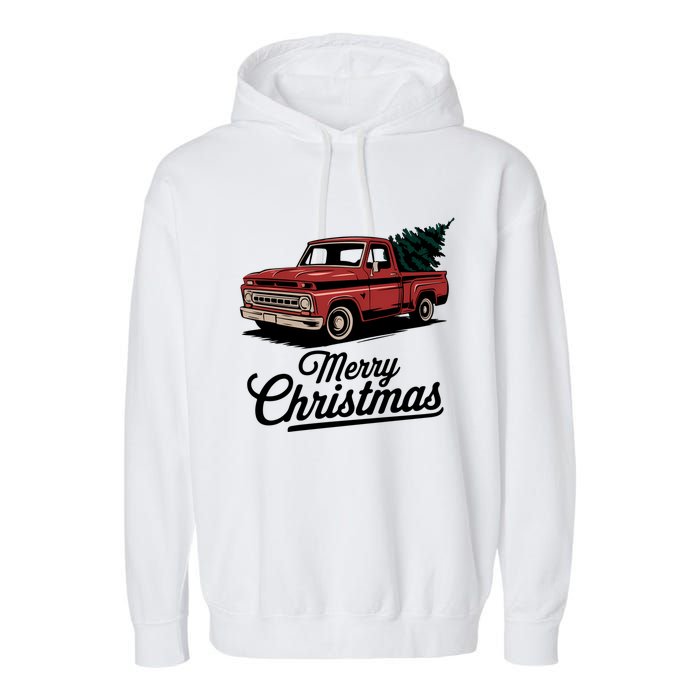 Red Pickup Truck Christmas Tree Vintage Christmas Women Long Sleeve Garment-Dyed Fleece Hoodie