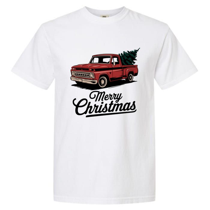 Red Pickup Truck Christmas Tree Vintage Christmas Women Long Sleeve Garment-Dyed Heavyweight T-Shirt