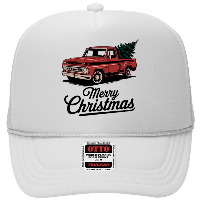 Red Pickup Truck Christmas Tree Vintage Christmas Women Long Sleeve High Crown Mesh Back Trucker Hat