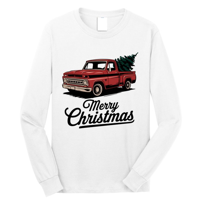 Red Pickup Truck Christmas Tree Vintage Christmas Women Long Sleeve Long Sleeve Shirt