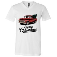 Red Pickup Truck Christmas Tree Vintage Christmas Women Long Sleeve V-Neck T-Shirt