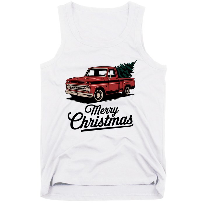 Red Pickup Truck Christmas Tree Vintage Christmas Women Long Sleeve Tank Top