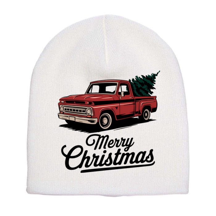 Red Pickup Truck Christmas Tree Vintage Christmas Women Long Sleeve Short Acrylic Beanie