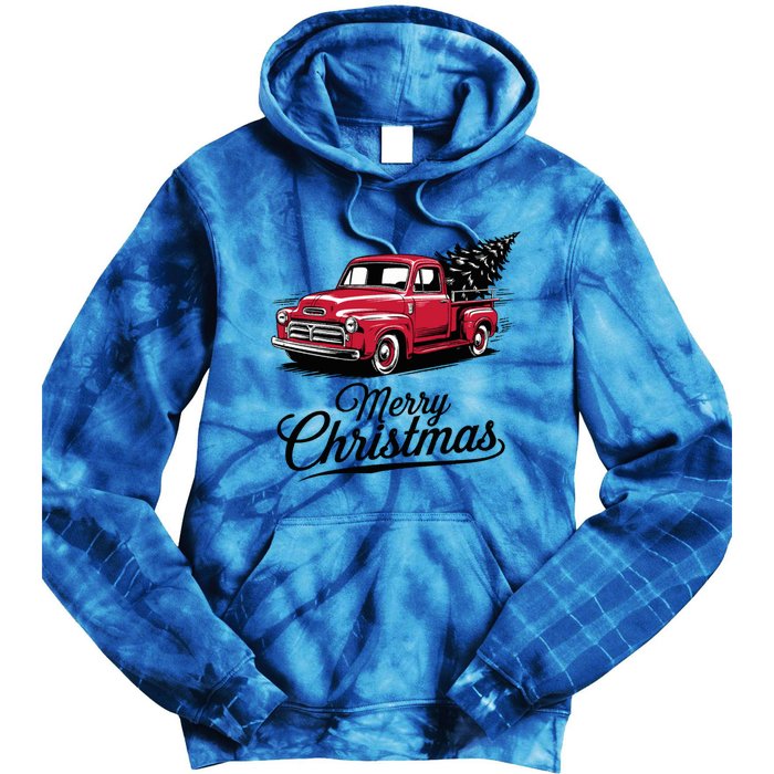 Red Pickup Truck Christmas Tree Vintage Christmas Gift Tie Dye Hoodie