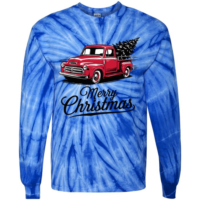 Red Pickup Truck Christmas Tree Vintage Christmas Gift Tie-Dye Long Sleeve Shirt