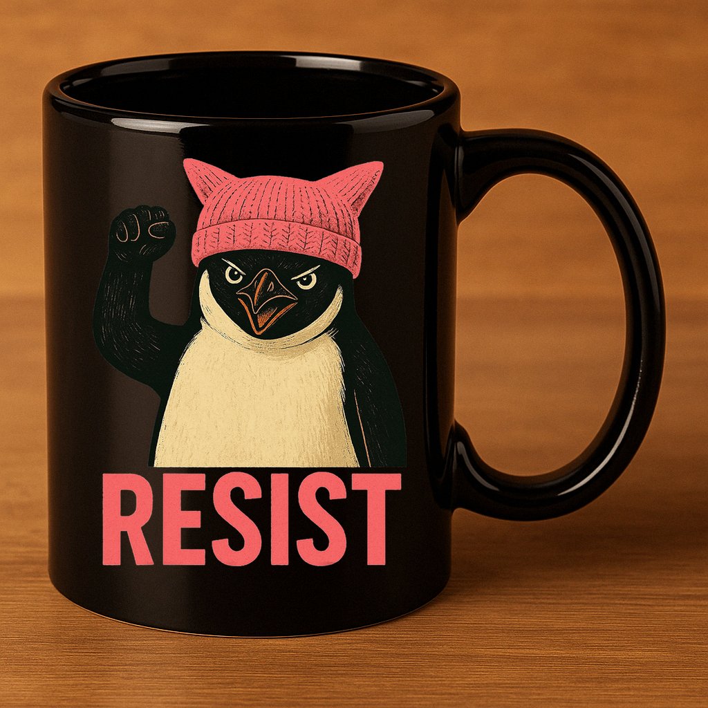 Resist Penguin Tariff Hands Off Protest March Hat USA 11oz C Handle Ceramic Mug