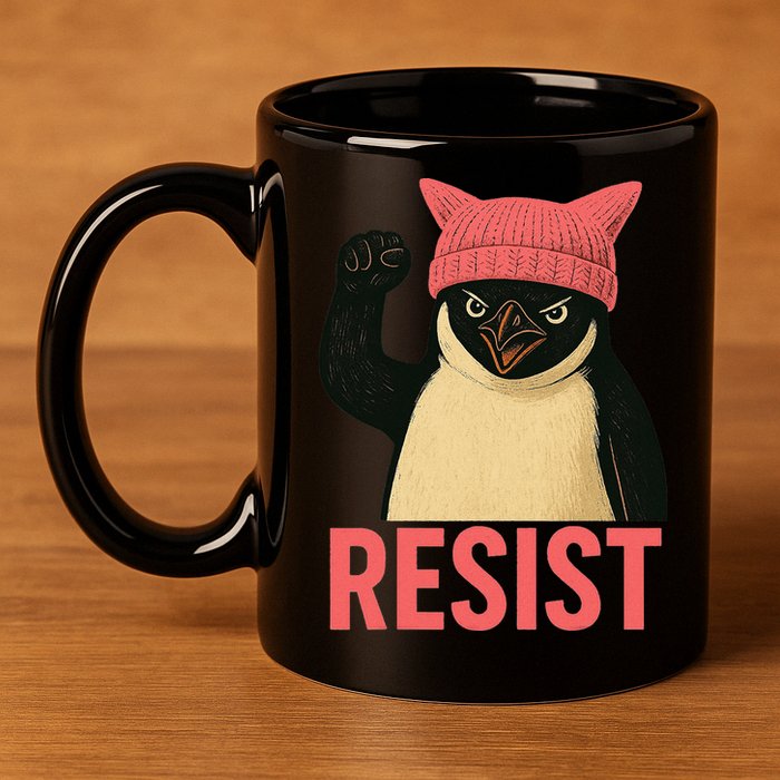 Resist Penguin Tariff Hands Off Protest March Hat USA 11oz C Handle Ceramic Mug