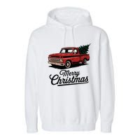 Red Pickup Truck Christmas Tree Vintage Christmas Garment-Dyed Fleece Hoodie