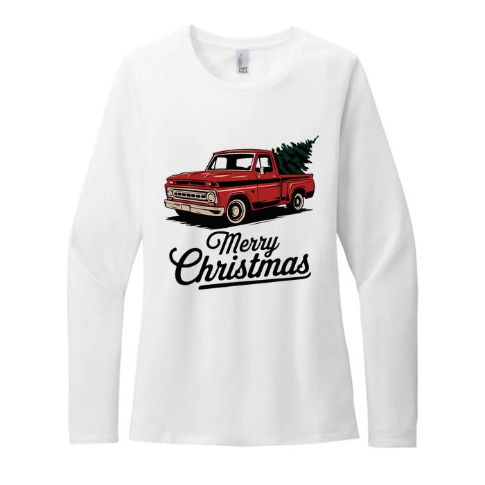 Red Pickup Truck Christmas Tree Vintage Christmas Womens CVC Long Sleeve Shirt