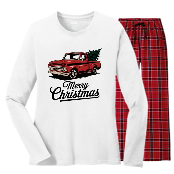 Red Pickup Truck Christmas Tree Vintage Christmas Women's Long Sleeve Flannel Pajama Set 