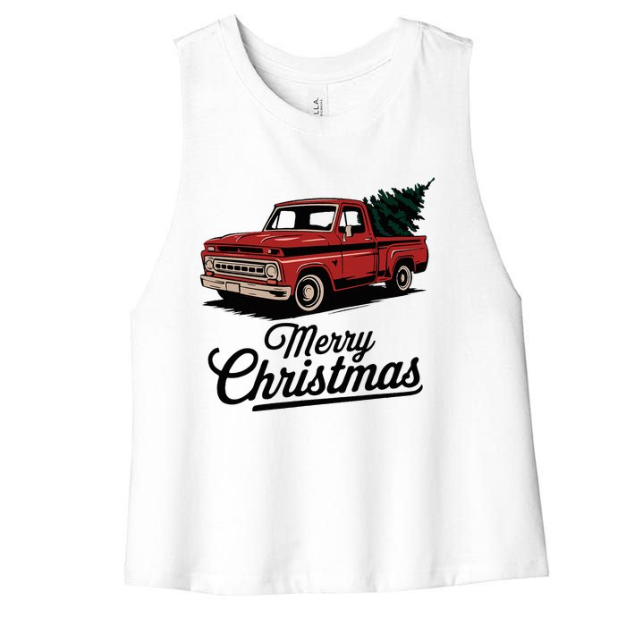 Red Pickup Truck Christmas Tree Vintage Christmas Women's Racerback Cropped Tank