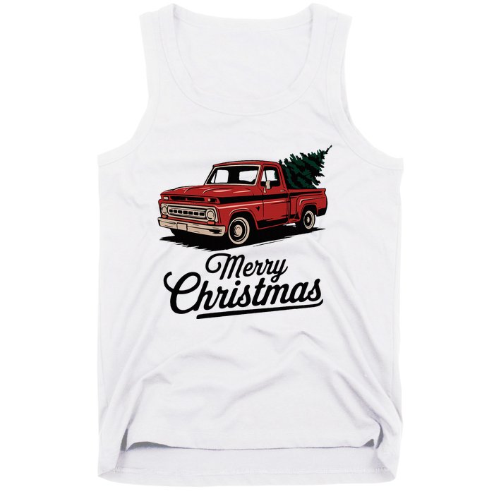 Red Pickup Truck Christmas Tree Vintage Christmas Tank Top