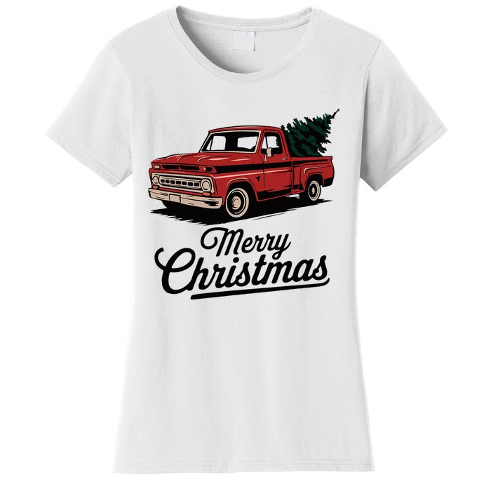 Red Pickup Truck Christmas Tree Vintage Christmas Women's T-Shirt