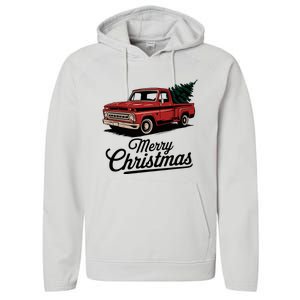 Red Pickup Truck Christmas Tree Performance Fleece Hoodie