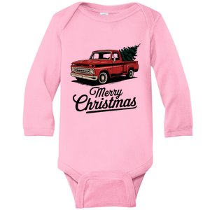 Red Pickup Truck Christmas Tree Baby Long Sleeve Bodysuit