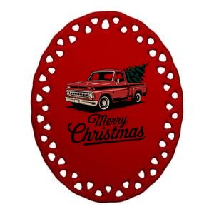 Red Pickup Truck Christmas Tree Ceramic Oval Ornament