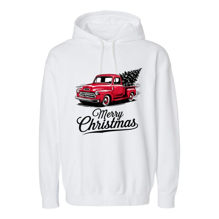 Red Pickup Truck Christmas Tree Vintage Christmas Garment-Dyed Fleece Hoodie