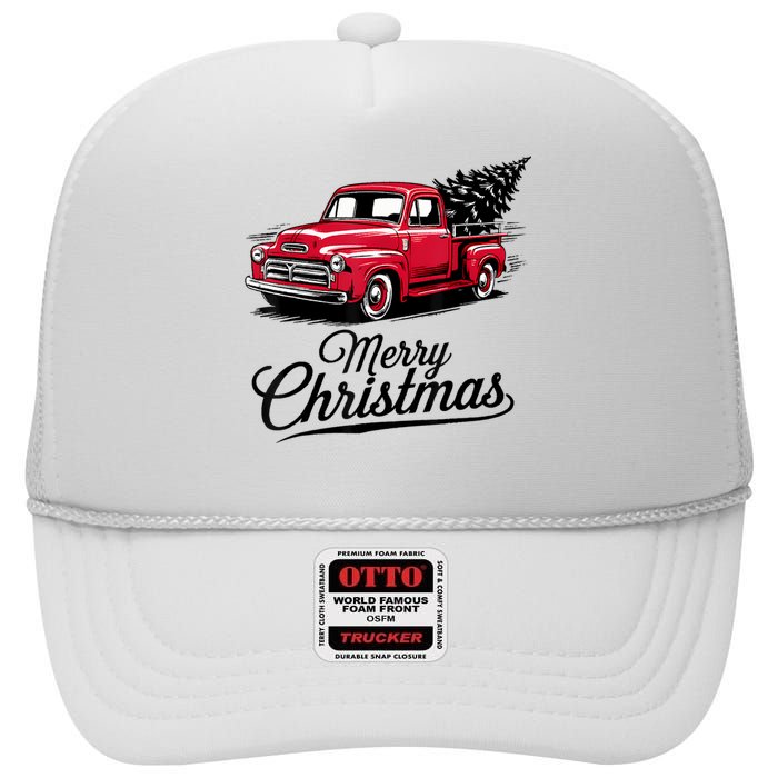 Red Pickup Truck Christmas Tree Vintage Christmas High Crown Mesh Back Trucker Hat