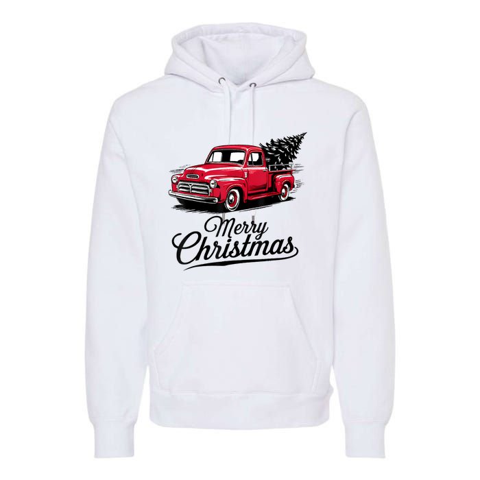 Red Pickup Truck Christmas Tree Vintage Christmas Premium Hoodie