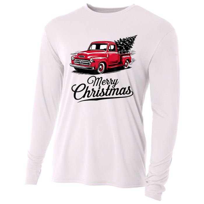 Red Pickup Truck Christmas Tree Vintage Christmas Cooling Performance Long Sleeve Crew