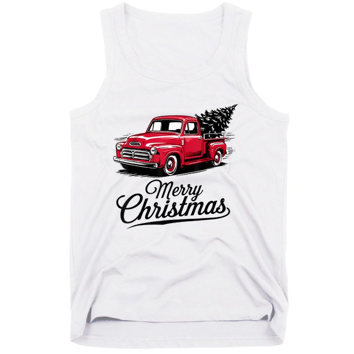 Red Pickup Truck Christmas Tree Vintage Christmas Tank Top